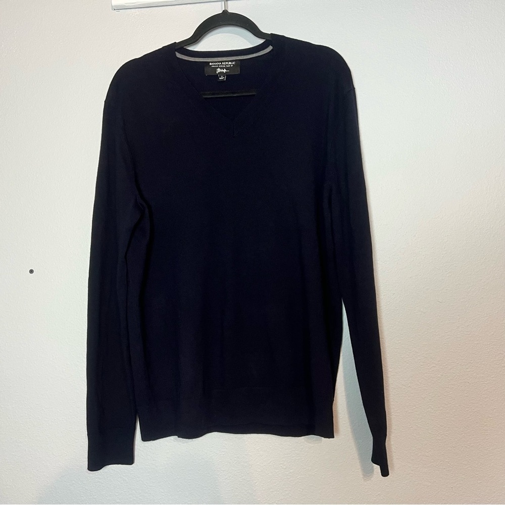 Banana Republic Pullover Sweater Navy Blue Mens Size Large V-Neck Merino Wool